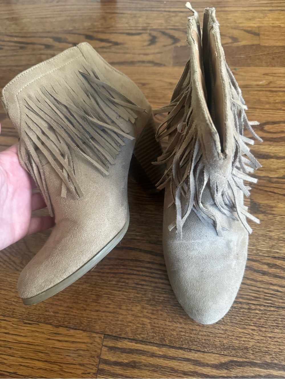 Fringed Suede Ankle Booties in Tan